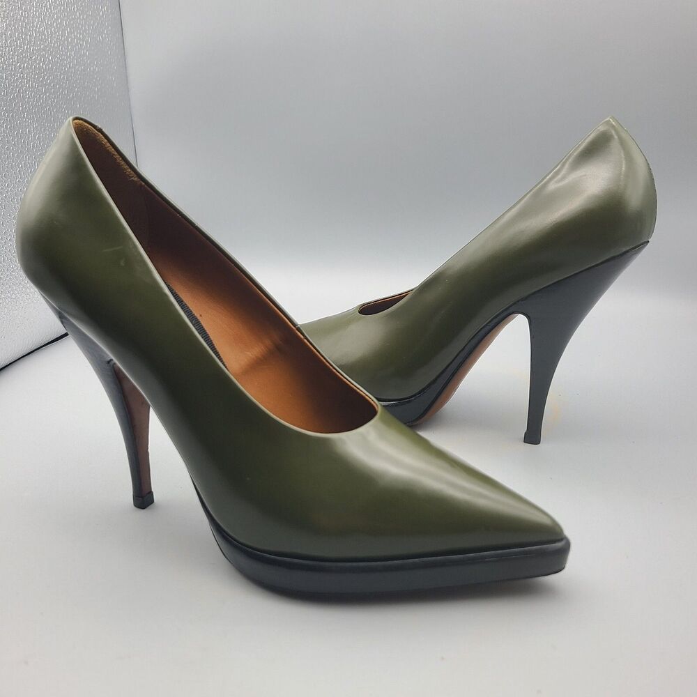 CELINE women heels pumps army green leather pointed toe SIZE US 5.5 EUR 36.5